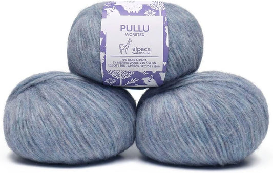 Pullu - Baby Alpaca Merino Wool Yarn Set of 3 Skeins (150 Grams) Worsted Weight - Sourced Directly from Peru - Heavenly Soft and Perfect for Knitting and Crocheting (Heather Sky Blue)