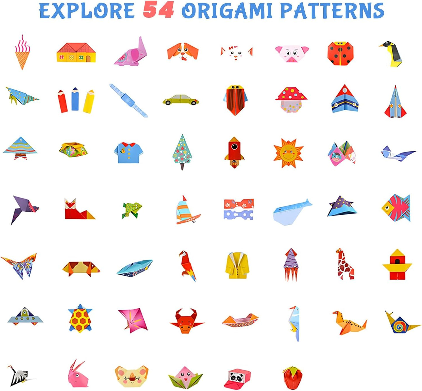 Origami Kit for Kids Ages 5-16, 108 Sheets with 54 Patterns & Instruction Book | Origami Paper Kit for Beginners & Advanced | Arts & Crafts Toys for Girls & Boys Ages 8-12 | Birthday & Christmas Gifts