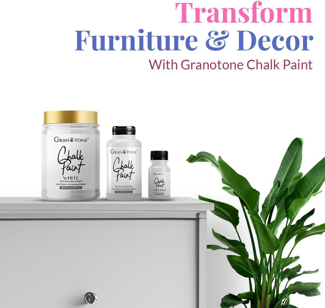 GRANOTONE Chalk Paint for Furniture, Matt-Finish Water-Based Acrylic Paint for Wood, Walls, Metal, Glass, Paper, Fabric Canvas, Maximum Coverage Chalk Paint for Kids & Adults, 250 Ml (WHITE)