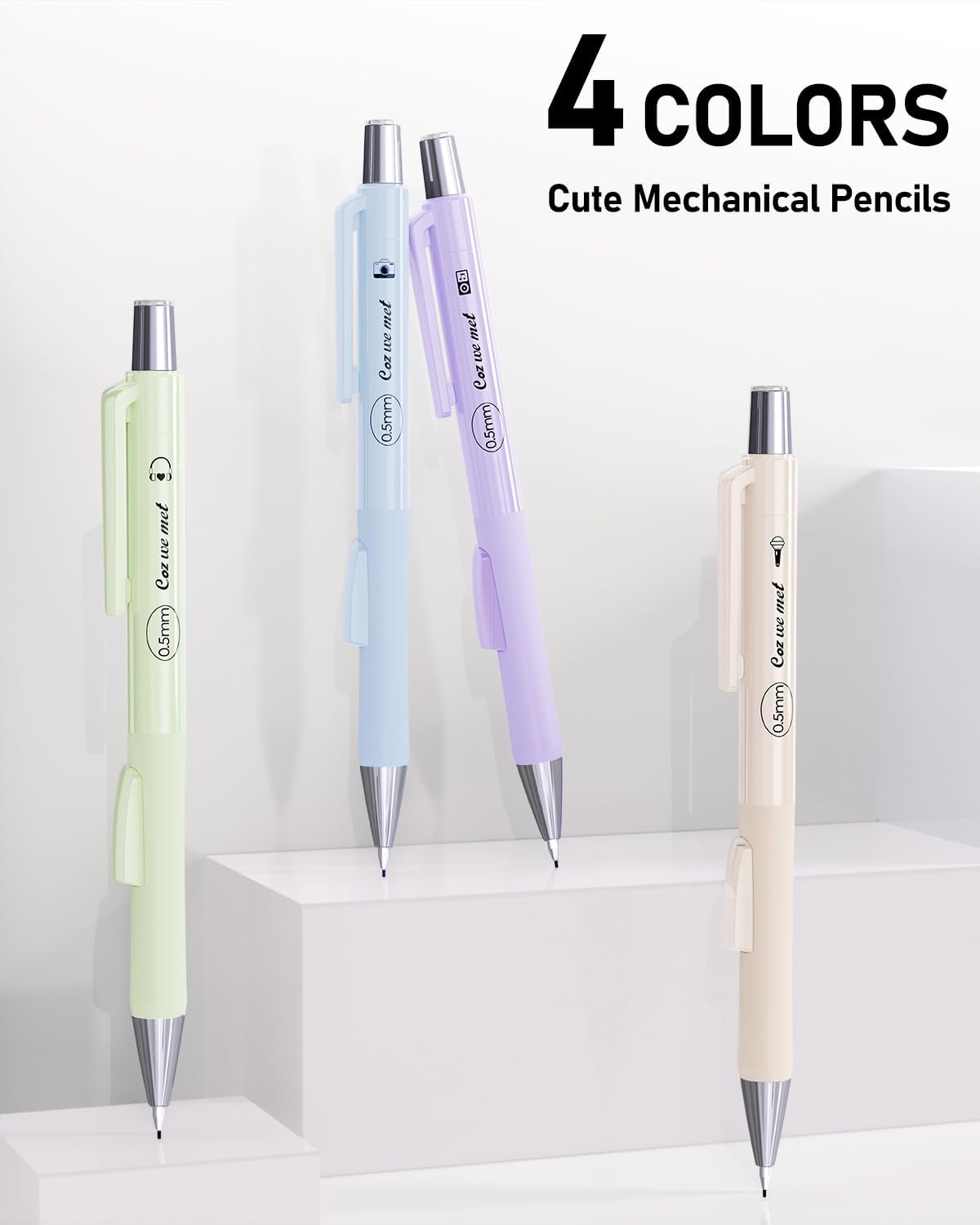 Four Candies Cute Mechanical Pencil Set with Case, 4PCS 0.5mm Pastel Fast Click Aesthetic Mechanical Pencils with 480PCS HB Lead Refills, 2 Erasers, 12 Eraser Refills School Supplies for Girls Writing