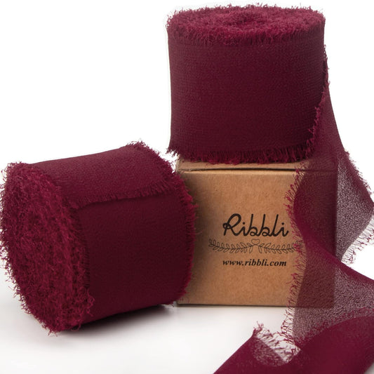 Ribbli Burgundy Chiffon Ribbon 1-1/2 inch x 20 Yard Handmade Fringe Chiffon Silk Ribbon,Black Ribbon for Wedding Invitations, Bridal Bouquets Wrapping, Flower Arrangement Decoration