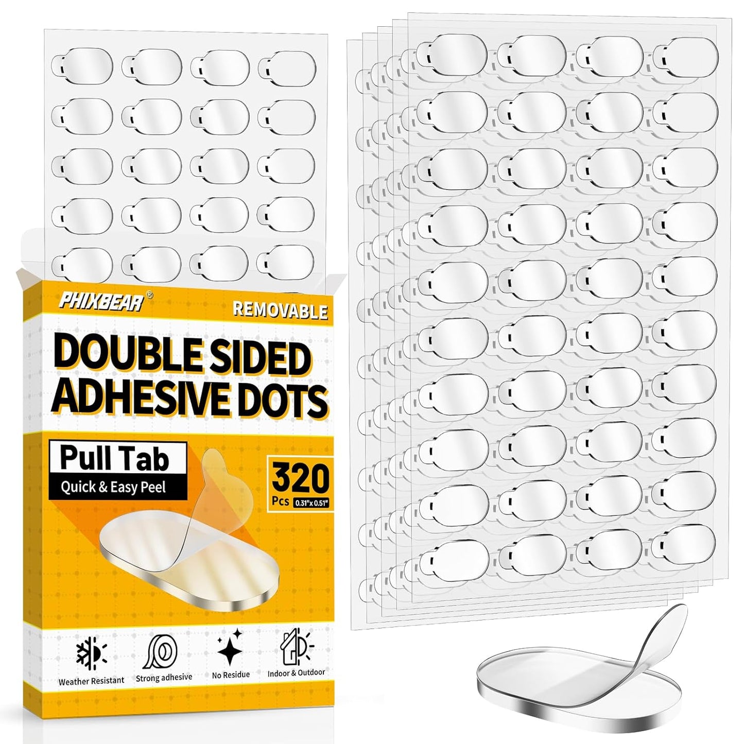 Upgraded Removable Mounting Putty with Pull Tab, Double Sided Adhesive Dots, No Trace Tape Sticky Tack Dots for Picture Crafts, 320 Pcs 0.31" x 0.51"