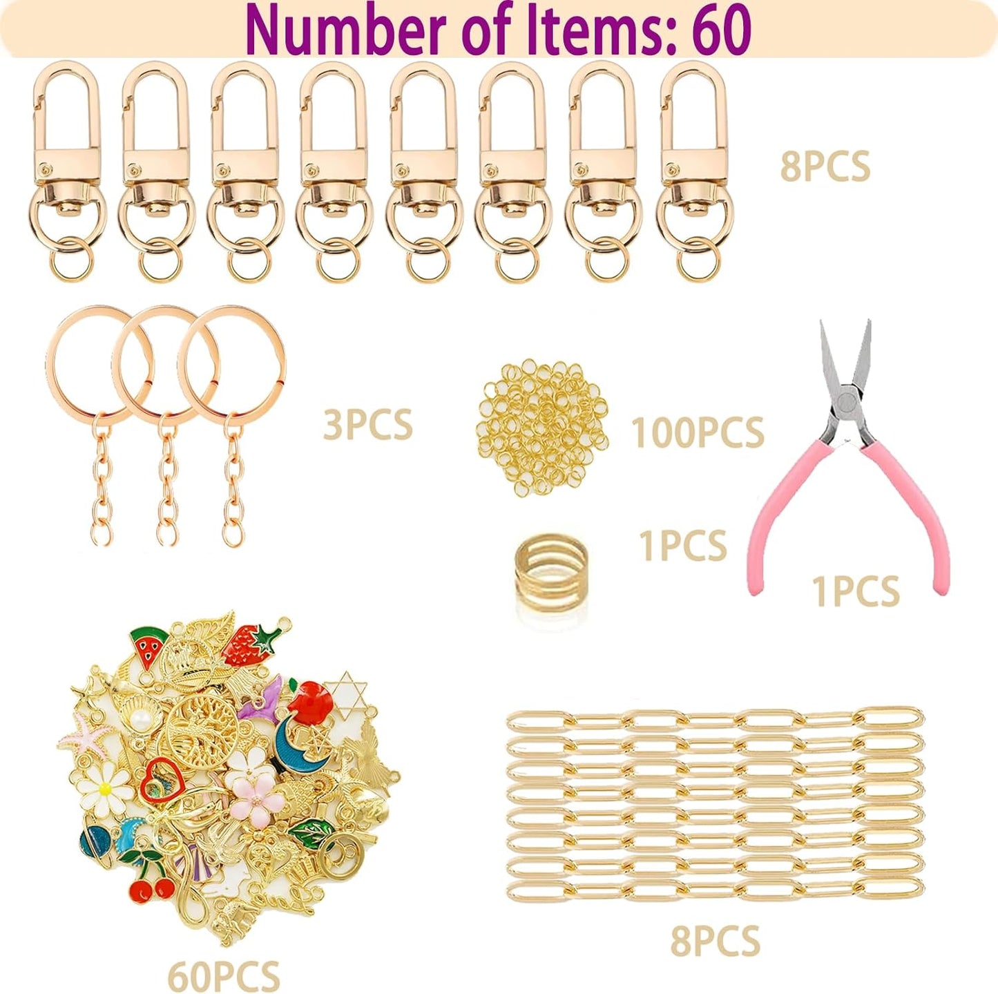 MORWLAT 358 PCS Gold DIY Keychain Making Kit Cute Bag Charm Kit 110 Charms 28 Keychain Clips with Key Ring Swivel Snap Hook Lobster Claw Clasps 200 Jump Ring Jewelry Plier DIY Set Women Craft (110)