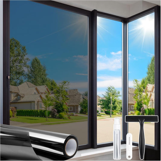 Homein One Way Privacy Window Film with Tool Window Tint for Home See Out Not in Heat Control Sun Blocking Mirror Reflective Anti UV Covering Static Cling No Glue Black-Sliver 35.4 x 78.7 inch