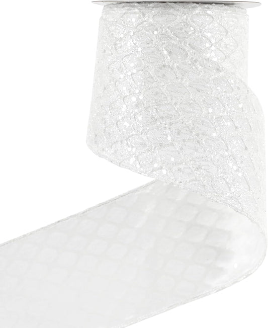 HUIHUANG White Glitter Wired Ribbon, 4 Inch x 30 Ft, Geometric Pattern, Polyester Material, Christmas Occasion