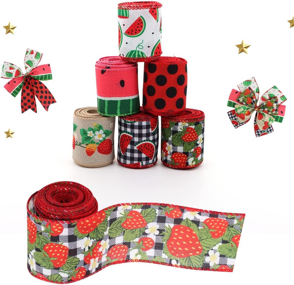 2.5" Watermelon and Strawberry Ribbon,Summer Craft Wire Edged Ribbon,Checks,Polka Dots,Watermelon Slices,Strawberries and Flowers Faux Linen Ribbons for Floral Arrangements, Packages and Home Decor.