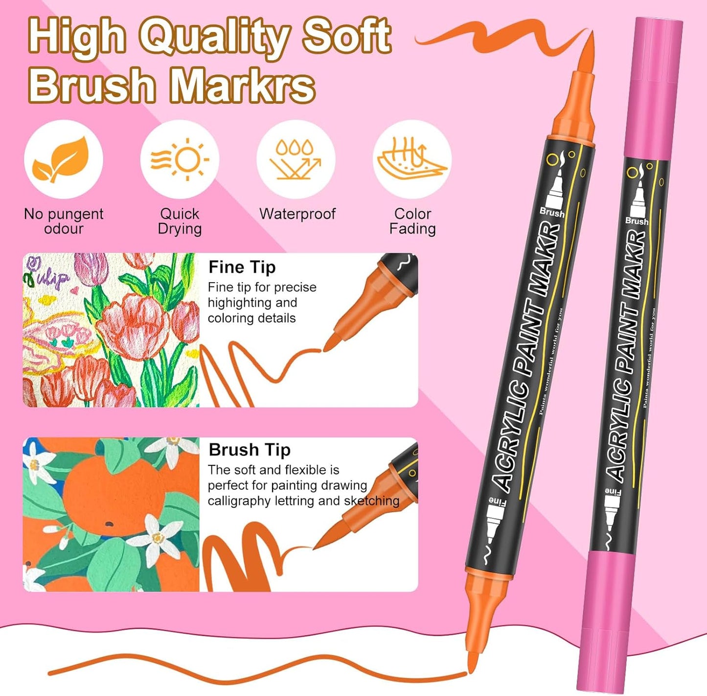 120 Colors Dual Tip Acrylic Paint Markers，Waterproof, Non-Toxic, Odorless Acrylic Markers Pens，Paint Pens & Paint Markers for Rock, Wood, Glass, Stone, Canvas, Ceramic, Fabric and Paper Painting