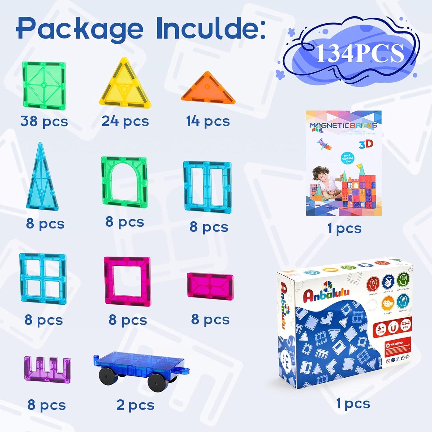 Magnetic Building Tiles, 134PCS Large Magnet Building Set,Magnetic Blocks, 3D STEM Stacking Toys, Magnets Toy for Kids Boys Girls