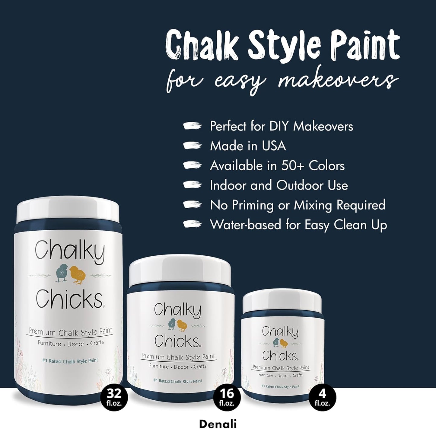 Chalky Chicks All-in-One Chalk Paint for Furniture or Cabinet - 16 Fl Oz - Matte Finish Denali (Deep Blue) for Metal, Wood Furniture Paint - No Sanding All-in-One for Home Decor & Crafts, USA Made