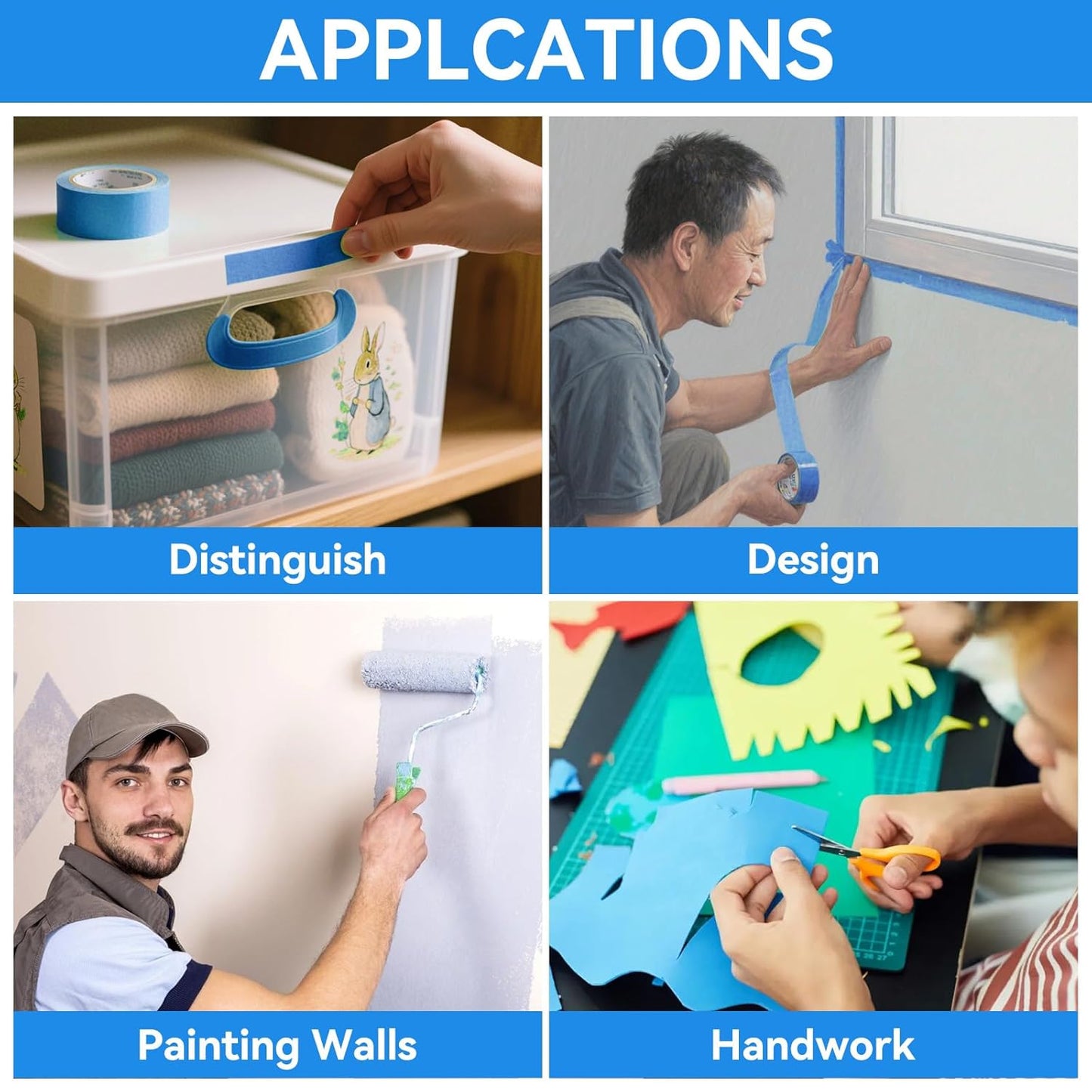 Premium Blue Masking Tape,Painters Tape,Blue Painters Tape for Automotive,DIY Paper Arts & Crafts, Spraying Drywall Paint, No Residue & Easy to Clean Up,6pcs 0.7inches X 54 Yd Painter's Tape