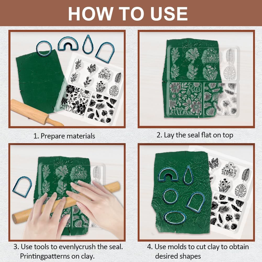 CHGCRAFT Polymer Clay Texture Sheets Leaves and Flowers Pattern Silicone Clay Texture Mat Botany Clear Silicone Molding Pattern Sheets for DIY Crafts Projects and Making Earrings Necklace Bracelet