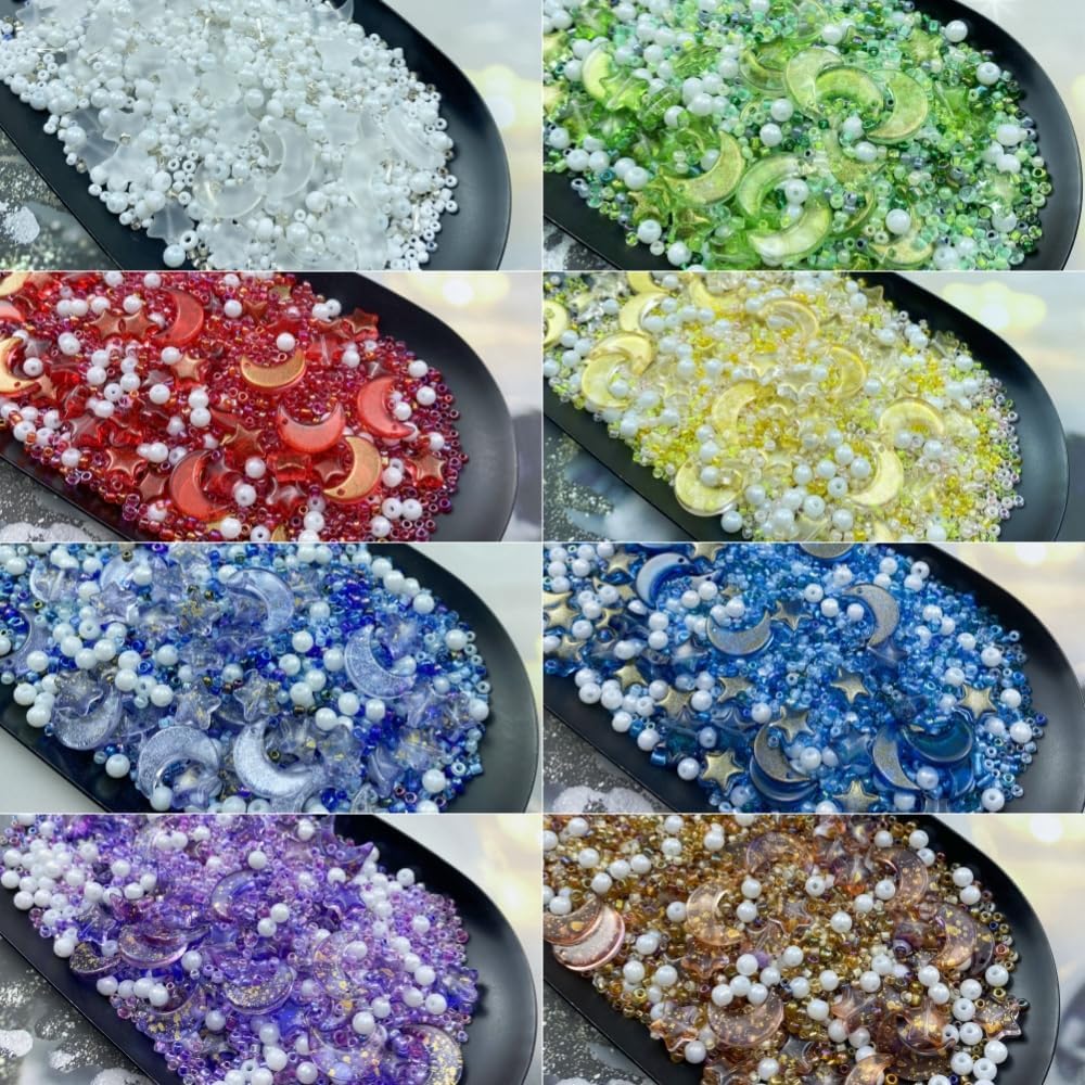 Assorted Glass Beads for Jewelry Making Multi Size Colors Glass Star Moon Seed Pearl Spacer Beads for Bracelets Necklace Earring Making(White Light Green)