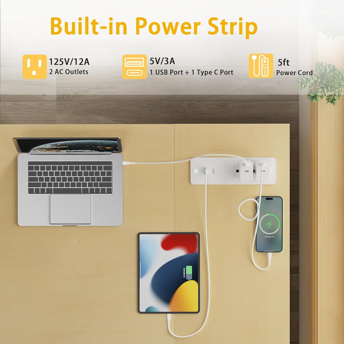 TIQLAB L-Shaped Computer Desk with Power Outlets - Reversible Shelves, 47 Inch Gaming & Study Desk in Beige