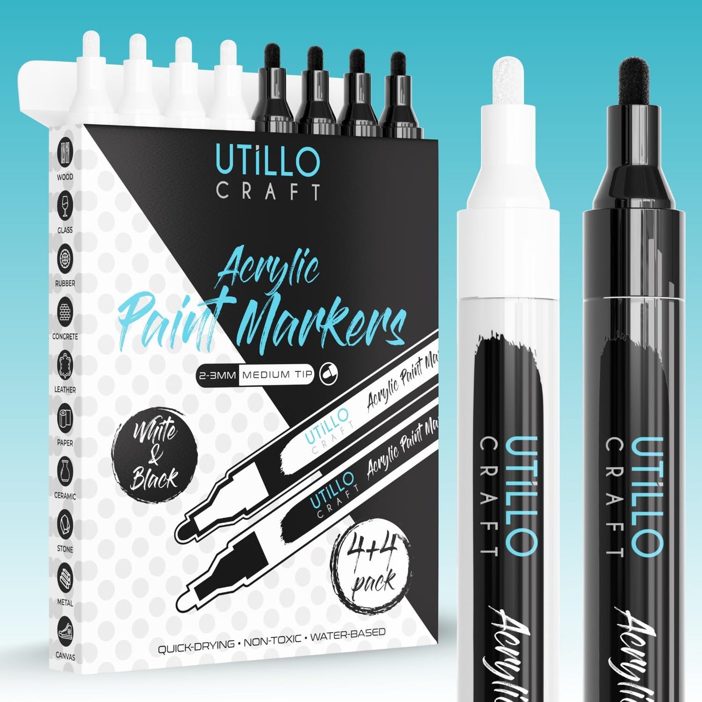 Utillo Craft White+Black Paint Pen (8-Pack) Medium Tip Made in Japan | Bold Color+100% Coverage | For Rock, Wood, Glass, Paper, Fabric, Canvas, Metal and More! | 2-3mm Paint Pens | Acrylic Paint Pens