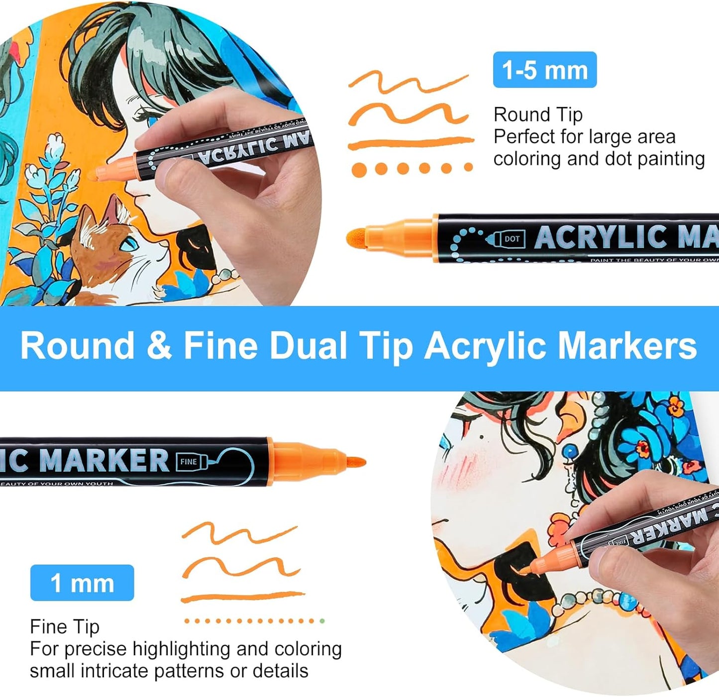 100 Colors Waterproof Dual Tip Acrylic Paint Pens, Dot & Fine Tip Premium Coloring Drawing Markers Set for Wood, Rock, Canvas, Glass, Ceramic Surfaces and DIY Crafts Making Art Supplies