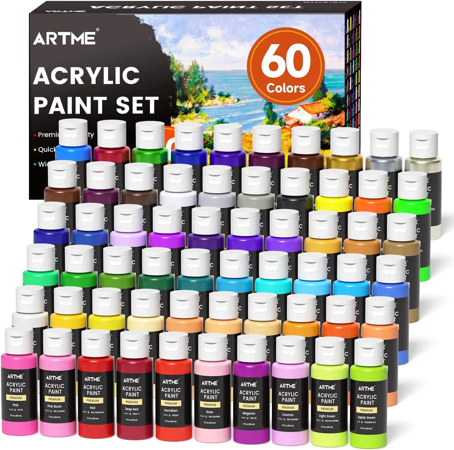 ARTME Acrylic Paint Set, 60 Colors in 2oz/60ml Bottles, Non Toxic, Waterproof, Rich Pigments Acrylic Paint for Artists, Students, Beginners Painting on Rocks Canvas Wood Clay Fabric Ceramic Crafts