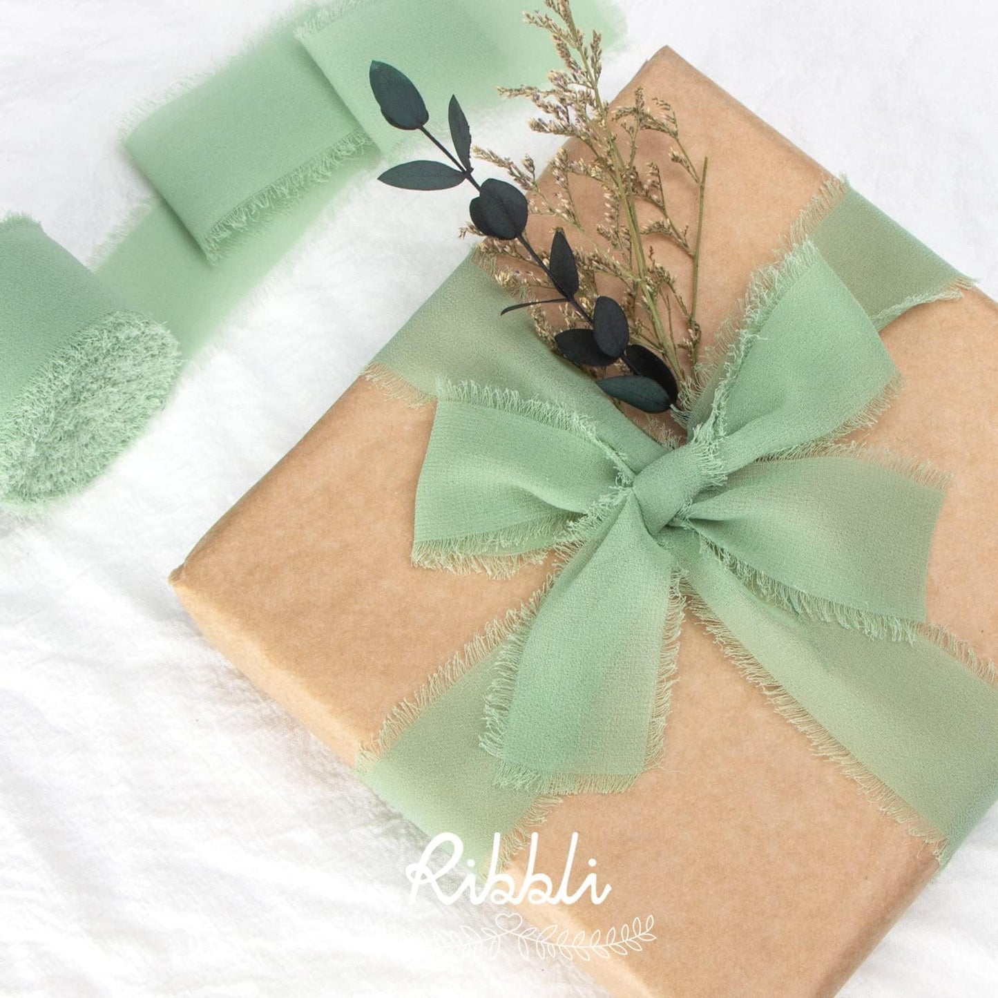 Ribbli Sage Green Chiffon Ribbon 1-1/2 inch x 30 Yard Handmade Fringe Chiffon Sage Silk, Sage for Wedding Invitations, Bridal Bouquets Wrapping, Flower Arrangement Decoration