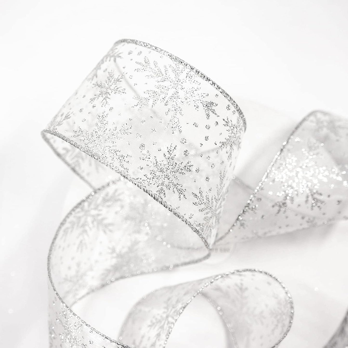 CT CRAFT LLC Organza with Silver Glitter Snowflakes Wired Ribbon 2.5 inch x 50 Yards for Christmas Home Decor Tree Topper Bow Gift Wrapping DIY Crafts Wreath Garland Wedding