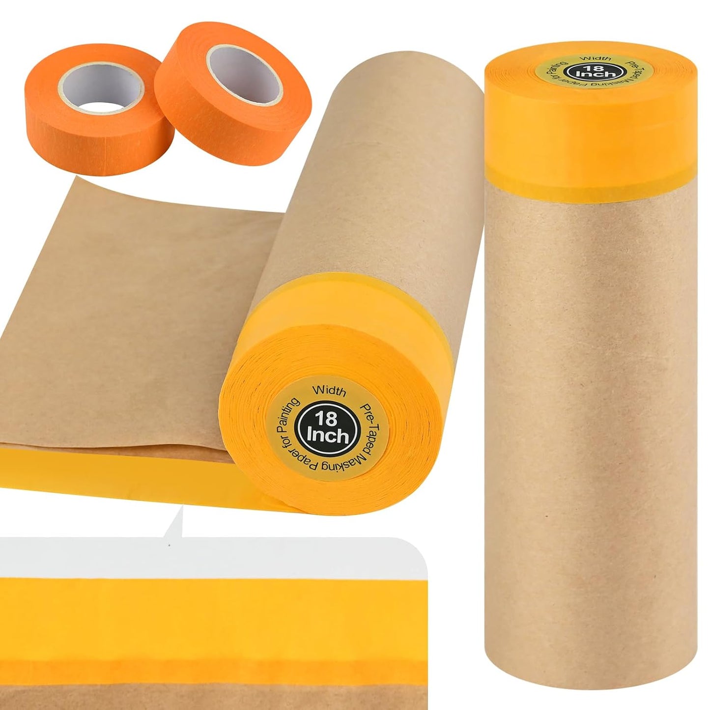 Pre-Taped Masking Paper for Painting, 2 Pack 18 inch x 66 Ft Masking Paper Roll and 1 inch x 66 Ft Masking Tape, Tape and Drape Paint Adhesive Papers for Covering Skirting, Frames, Cars and Auto Body