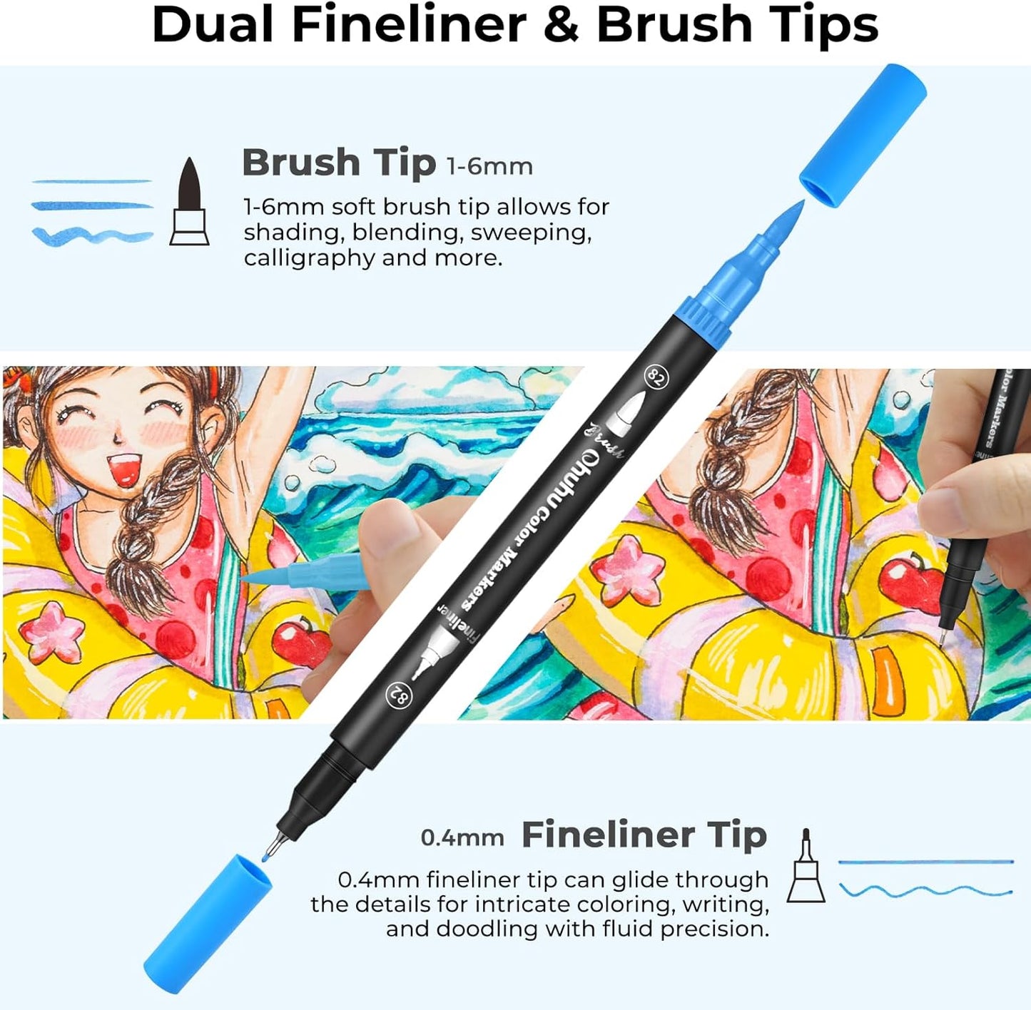 Ohuhu Markers for Adult Coloring Books No Bleeding 160 Colors Coloring Markers Water-based Dual Tips Fineliner & Brush Drawing Pens Art Pens for Kids Adults Sketch Journal - Maui - Black