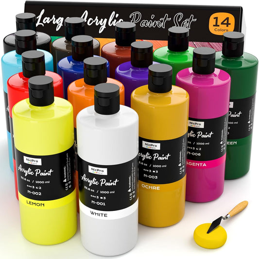 Nicpro 14 Colors Large Bulk Acrylic Paint Set (33.8 oz, 1000 ml) Non Toxic Art Painting Supplies for Kids Students Adults Artists, Rich Pigment for Multi Surface Canvas Fabric Craft Wood Leather Stone