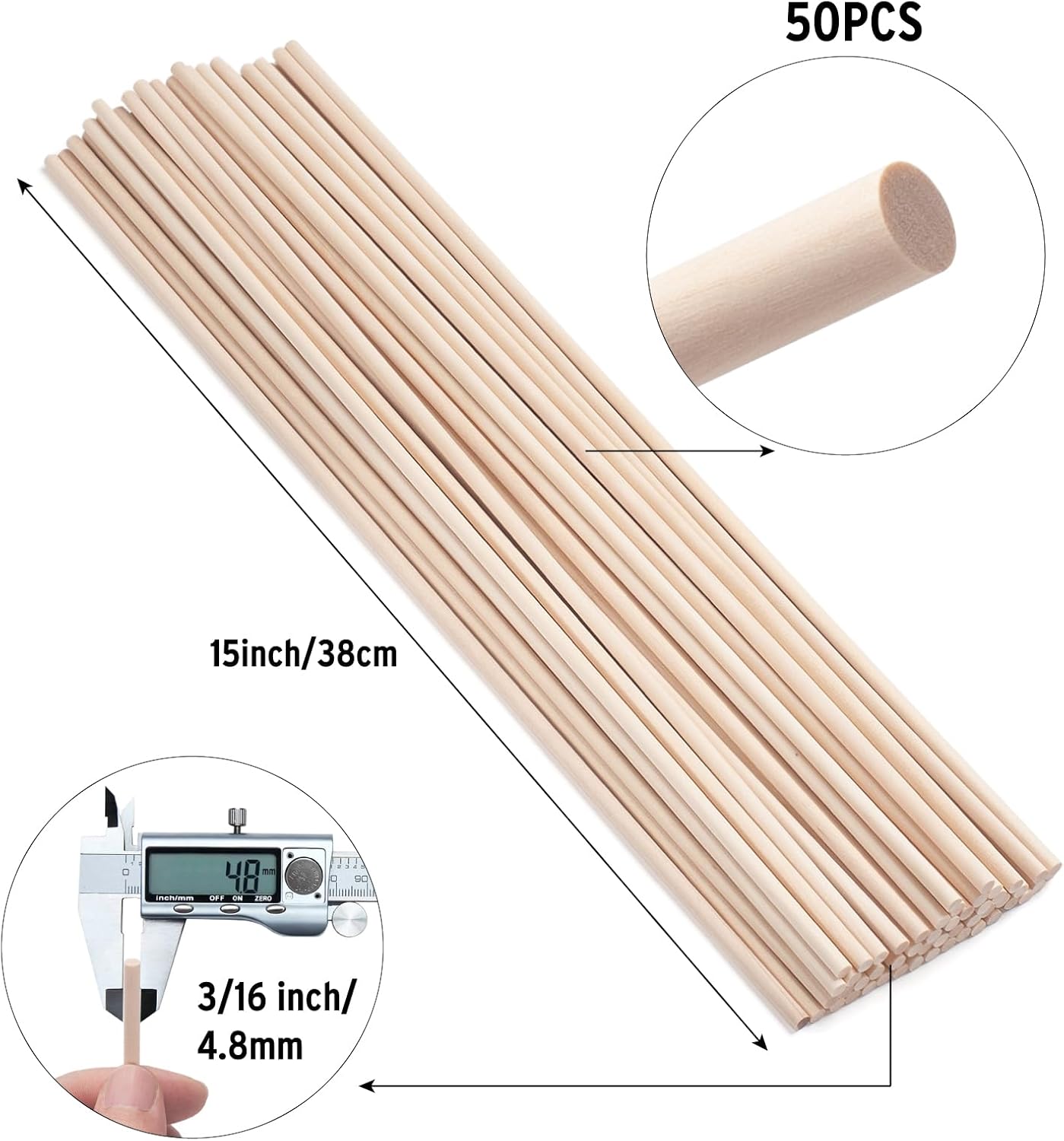 Wooden Dowels Wooden Sticks for Crafts 3/16" x 15", 50 PCS Wood Dowel Rods, Wood Sticks for Crafting, Macrame Dowels, Unfinished Round Hardwood Stick for Tiered Cake Support and Wedding Ribbon Wands