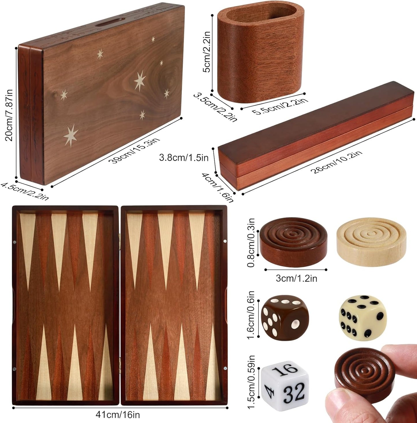 Handcrafted Wooden Backgammon Set - 16x15.3inch, Oversized Pieces, Intricate Carvings, Premium Travel Game Board for Adults & Kids (Star)