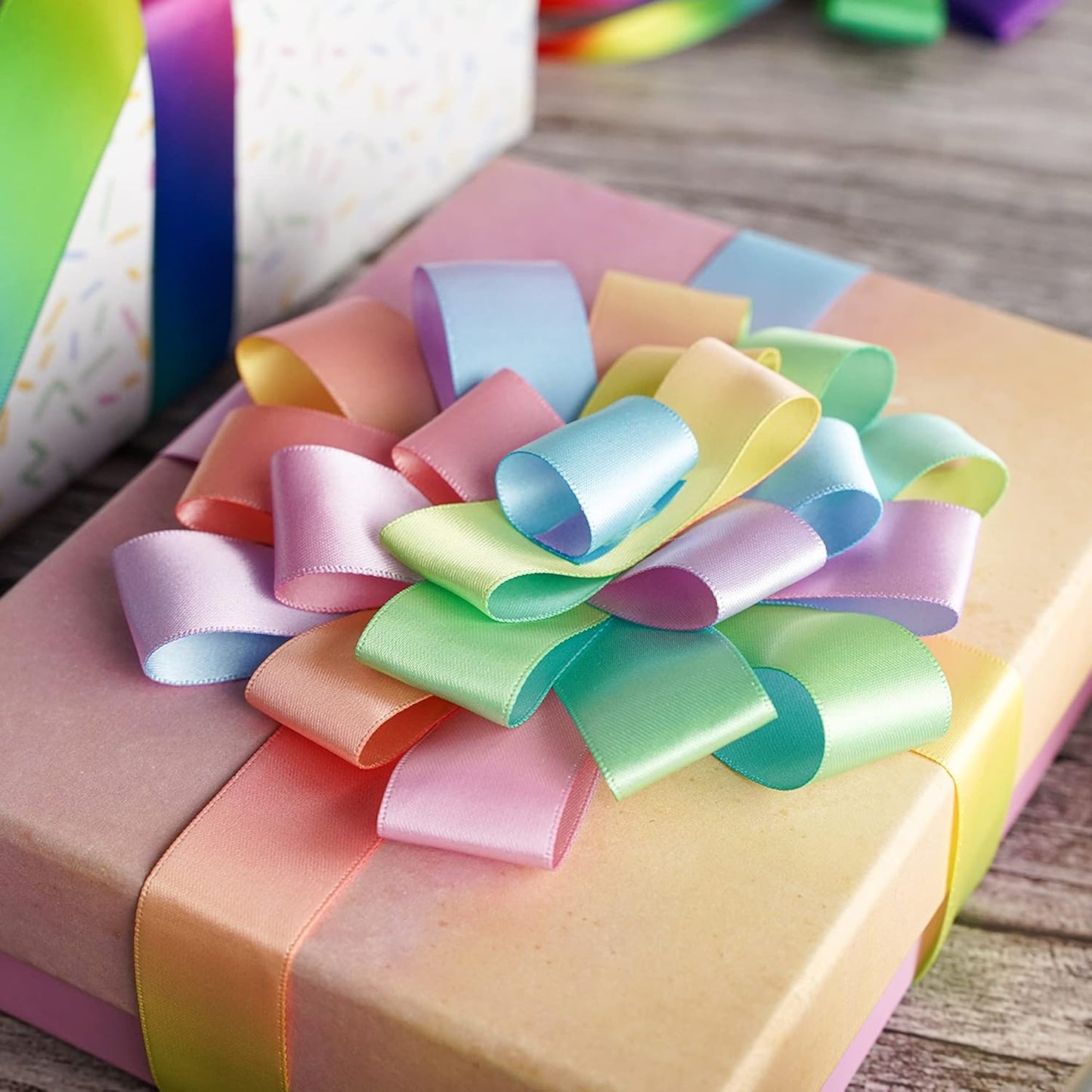 MEEDEE Pastel Rainbow Ribbon - Satin, 1 inch, 25 Yards - Perfect for Gift Wrapping, Wedding, Pride, Party & Birthday Decorations