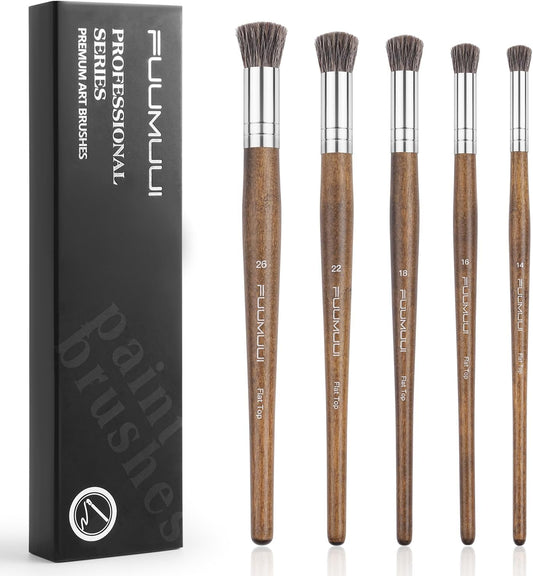 Professional Oil Paint Brushes, Fuumuui 5Pcs Natural Badger Bristle Blending Brush Set for Acrylic, Oil and Gouache - Round Flat Top Shape with Birch Handle