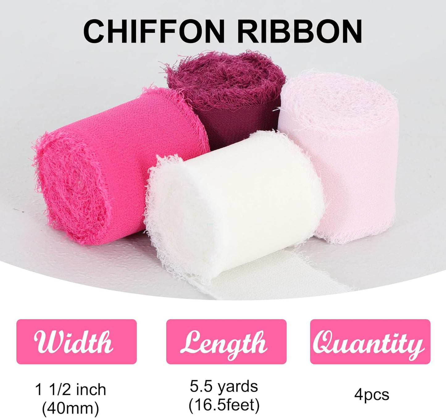 TONIFUL 4 Rolls Hot Pink Chiffon Ribbon Set 1 1/2 Inch 5.5 Yards Silk Fabric for Gift Wrapping, Wedding Party Decoration, Flower Bouquet, Bows Making, DIY Crafts