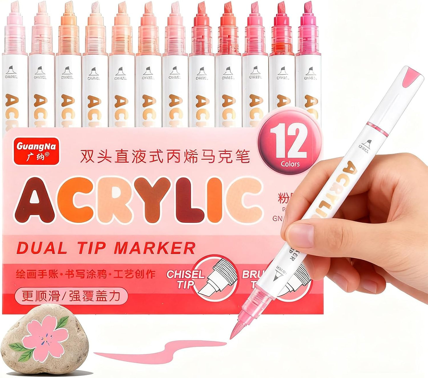 kander 12 Colors Dual Tip Acrylic Paint Markers, Pink Skin Color — Extra Fine & Soft Brush Pen Set with Direct Ink Flow for Sketching, Detailing, Coloring on Wood, Canvas, Rock, Glass, DIY Crafts
