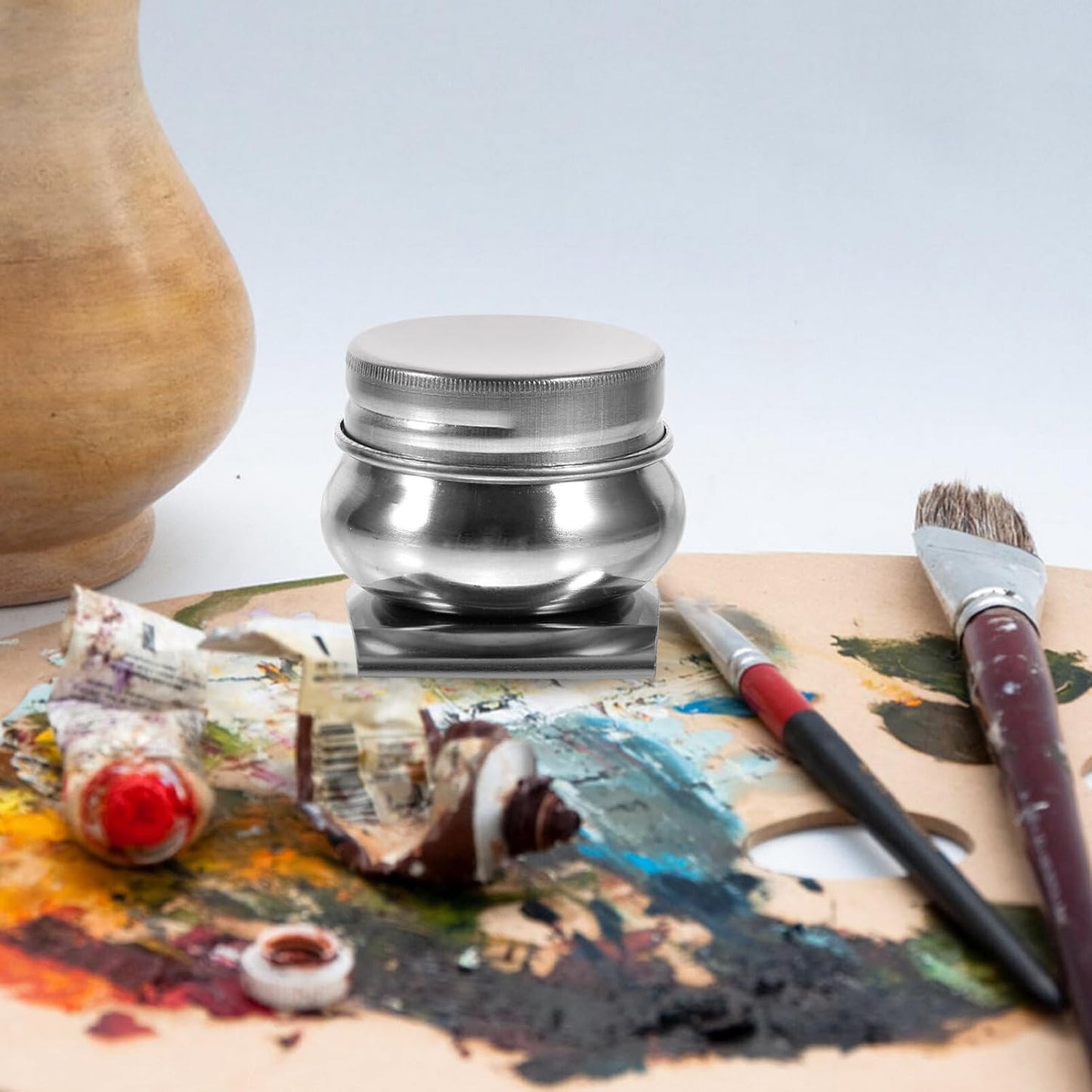 SEWACC 2pcs Stainless Steel Brush Cleaning Pot Lid Mouth Palette Cup for Oil Painting and Sturdy Dipper Container for Home Schools and Training Centers