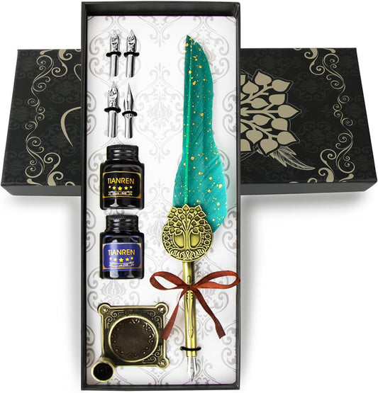 Feather Pen and Ink Set,quill pen ink set,Antique Calligraphy Pen with 4 Replaceable Nibs,2 Bottle of ink,Pen Holder Christmas Gift for Men&Women.(Green)