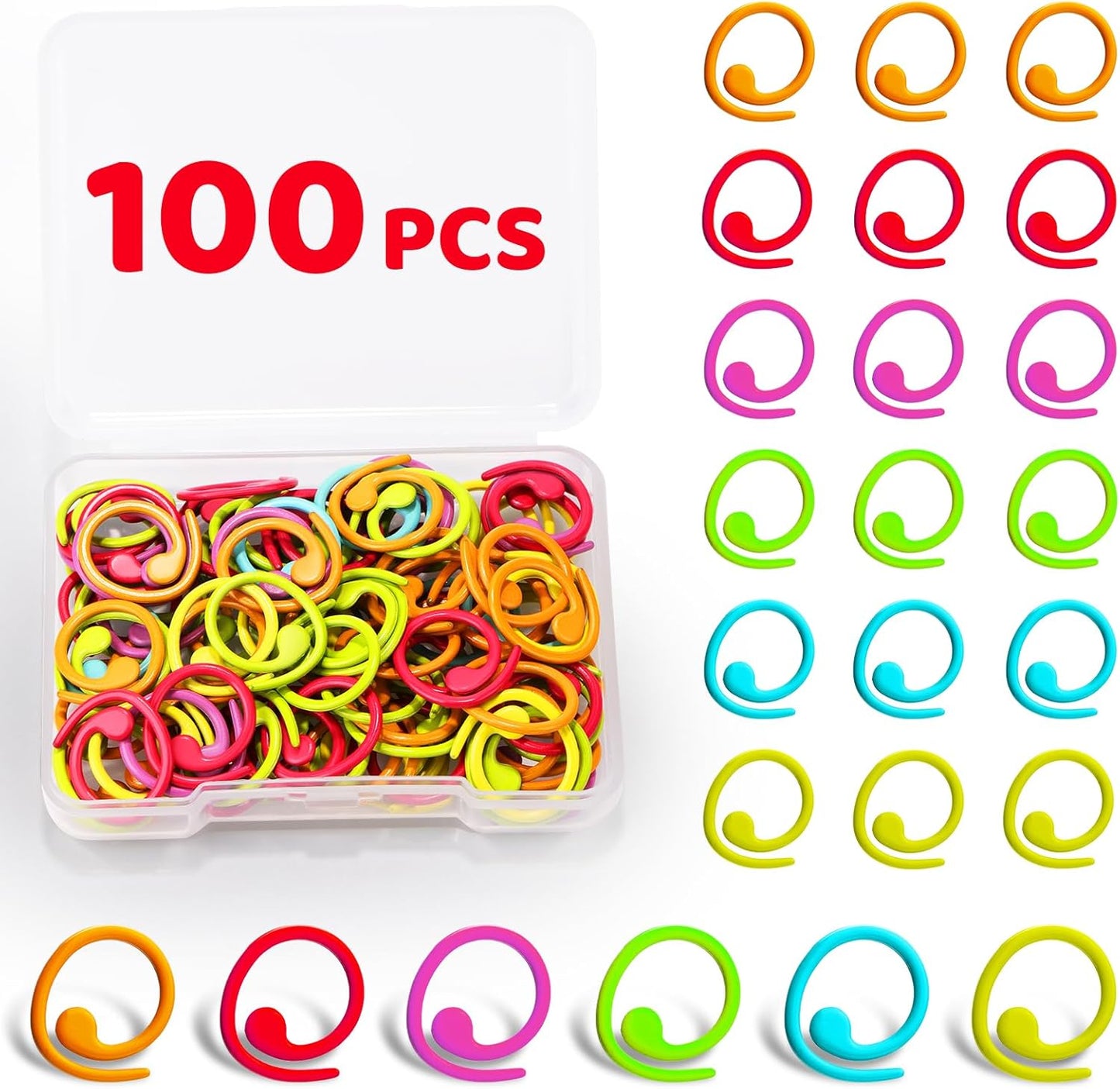 Jmuiiu 100pcs Metal Stitch Markers, Spiral-Shaped Stitch Markers for Crocheting, Colorful Crochet Ring, Crochet Markers for Crocheting and Knitting with Storage Box