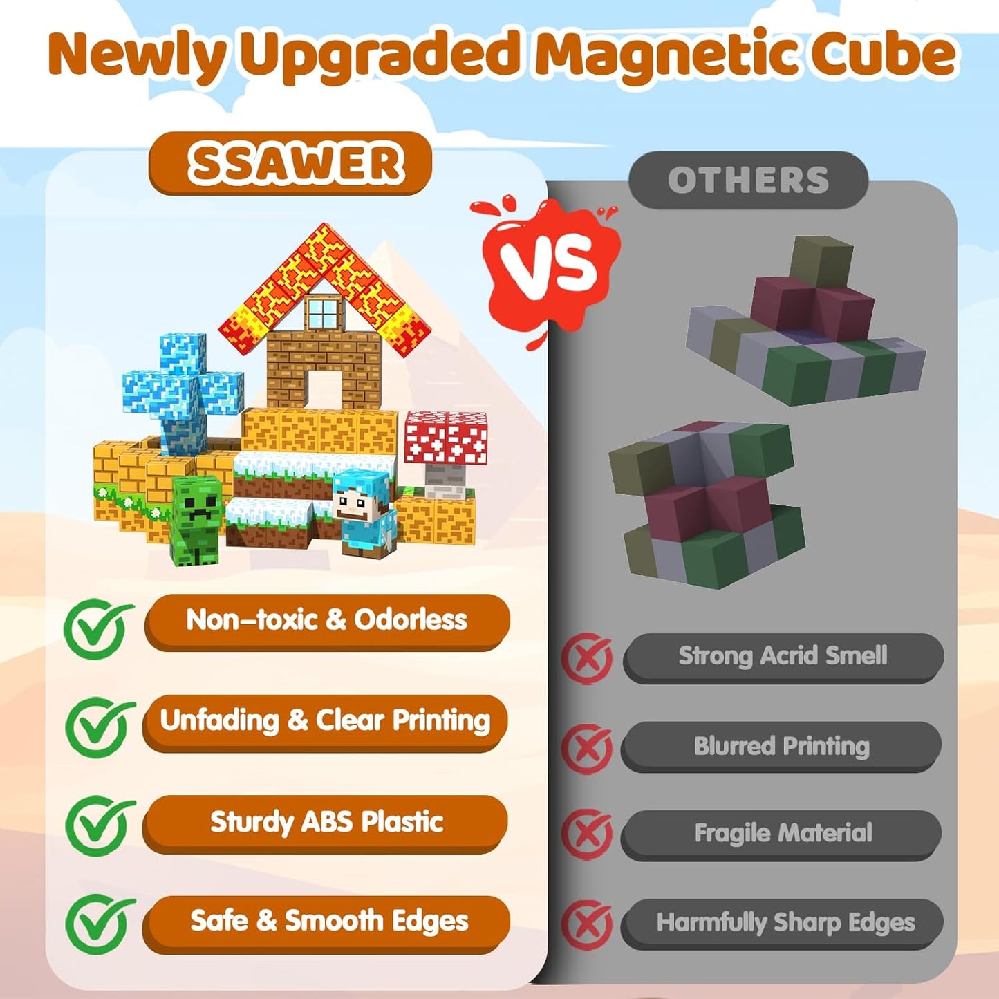 Magnetic Blocks, 100PCS Magnetic Building Blocks, Stacking Magnets for Kids, Sensory Toy for STEM Constructions Magnet Blocks for Boys Girls Age 3+, Christmas Birthday Gifts