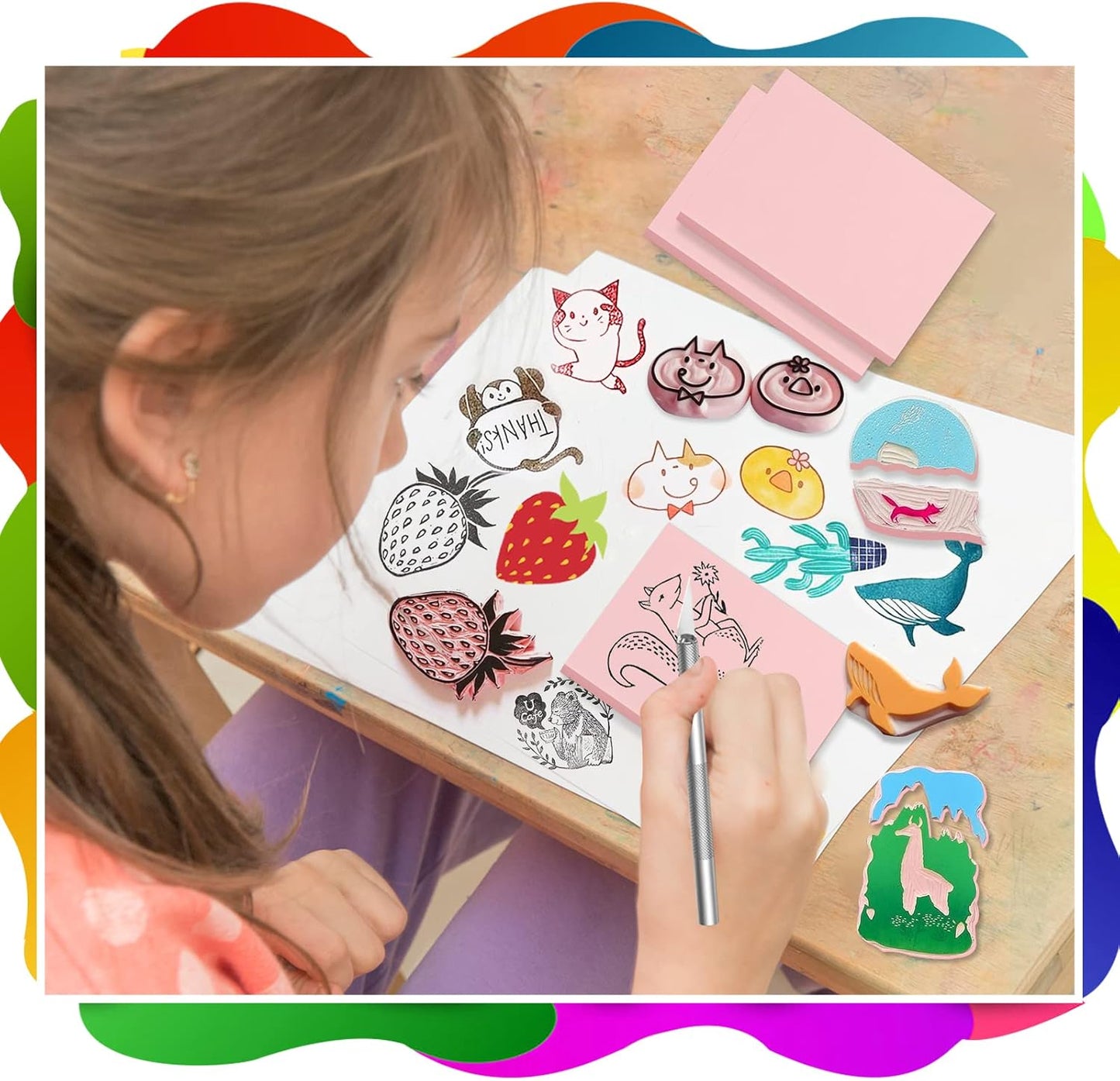 WAYCOM 5-Pack Linoleum Blocks for Printmaking with Cutter Tools, Rubber Block Stamp Carving Blocks Stamp Making Kit Craft Ink Pad Hobby Knife for DIY Printmaking,Printing and More