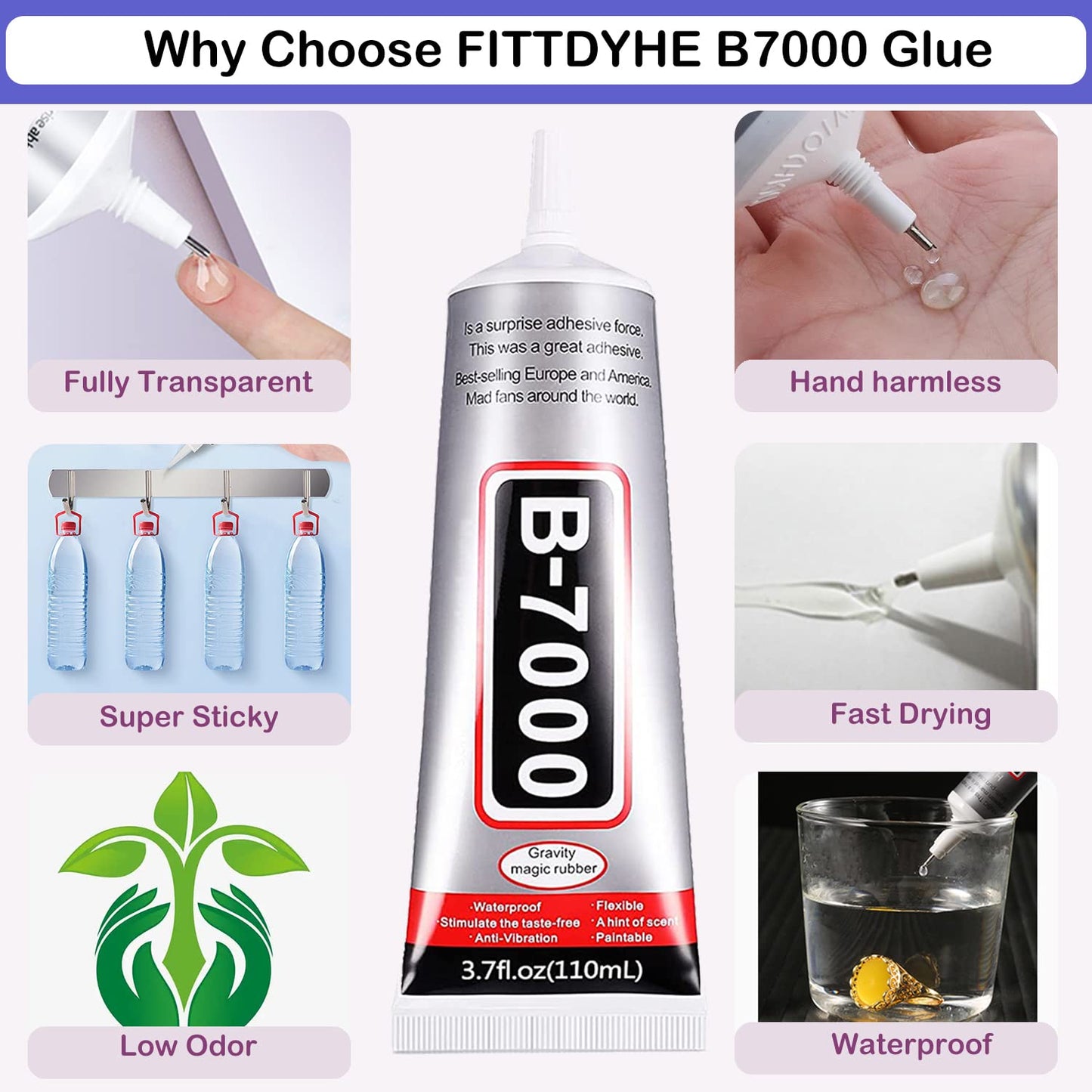 B7000 Adhesive Rhinestones Glue for Crafts, 2PCS 110ml / 3.7 fl oz with 5 Dotting Pen Tool, Wax Pencil and Tweezer, Jewelry Glue for DIY Craft, Makeup, Shoes, Jewelry Making, Nail Art