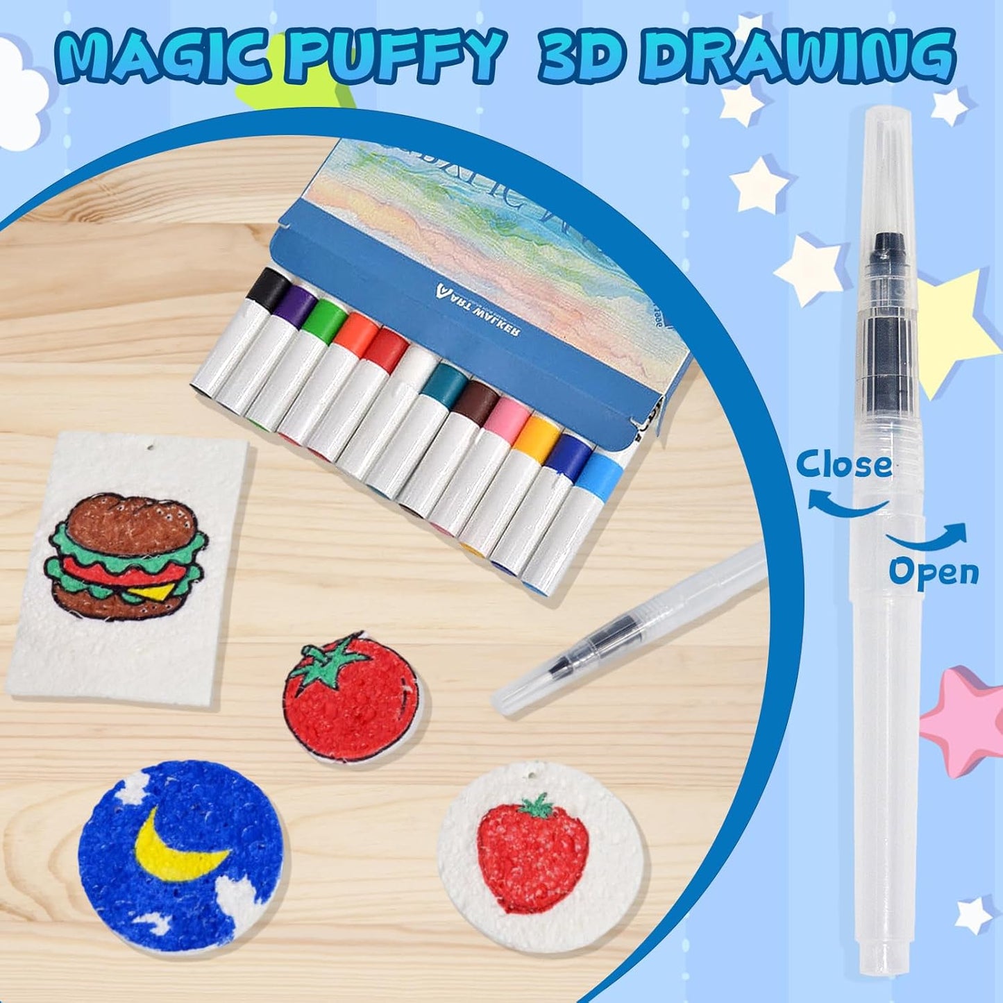 Magic Puffy Paint Kit,38Pcs Puffy Foam Texture Painting Kit,Including 18 Pcs Foam Texture Paper,12 Colors Acrylic Markers,2 Water Brushes,Magical 3D Drawing Sponge DIY Bubble Drawing Pens Art Supplies