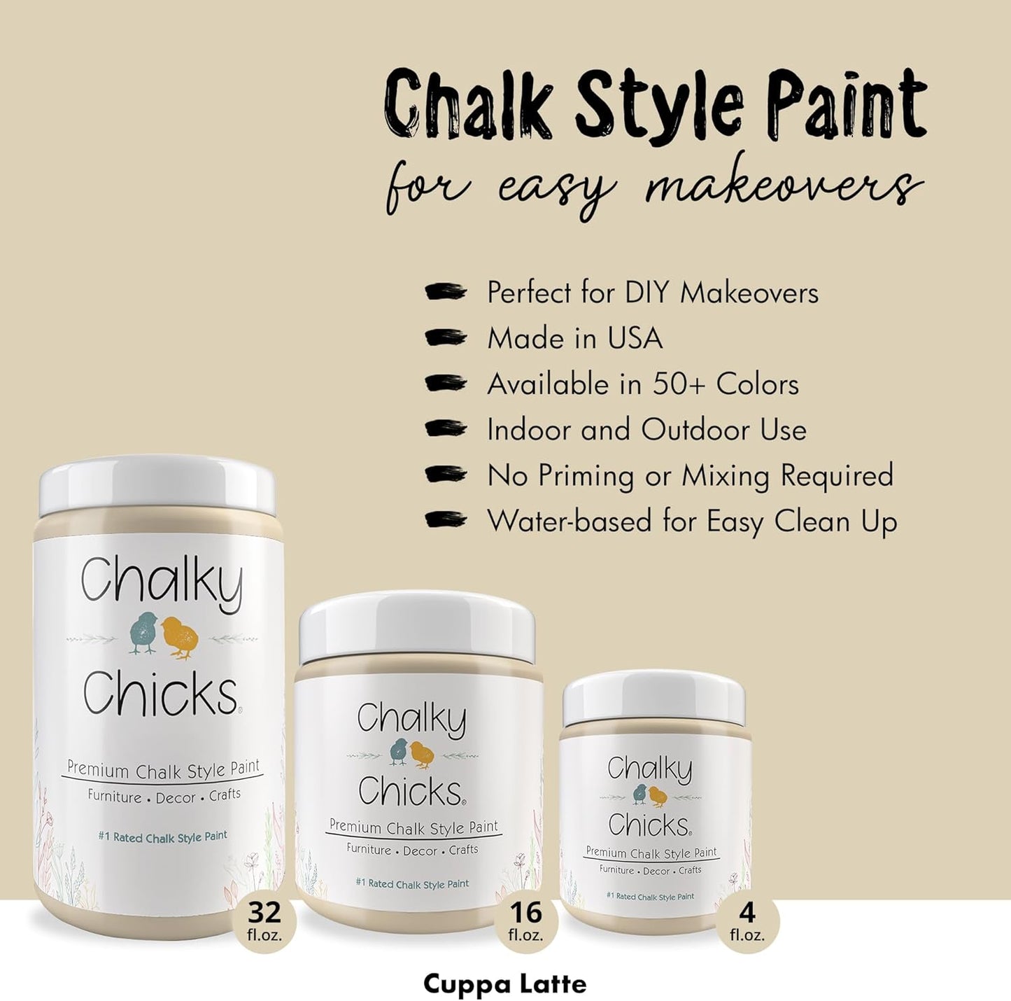 Chalky Chicks All-in-One Chalk Paint for Furniture or Cabinet - 16 Fl Oz - Matte Finish Cuppa Latte Tan for Metal, Wood Furniture Paint - No Sanding All-in-One for Home Decor & Crafts, USA Made