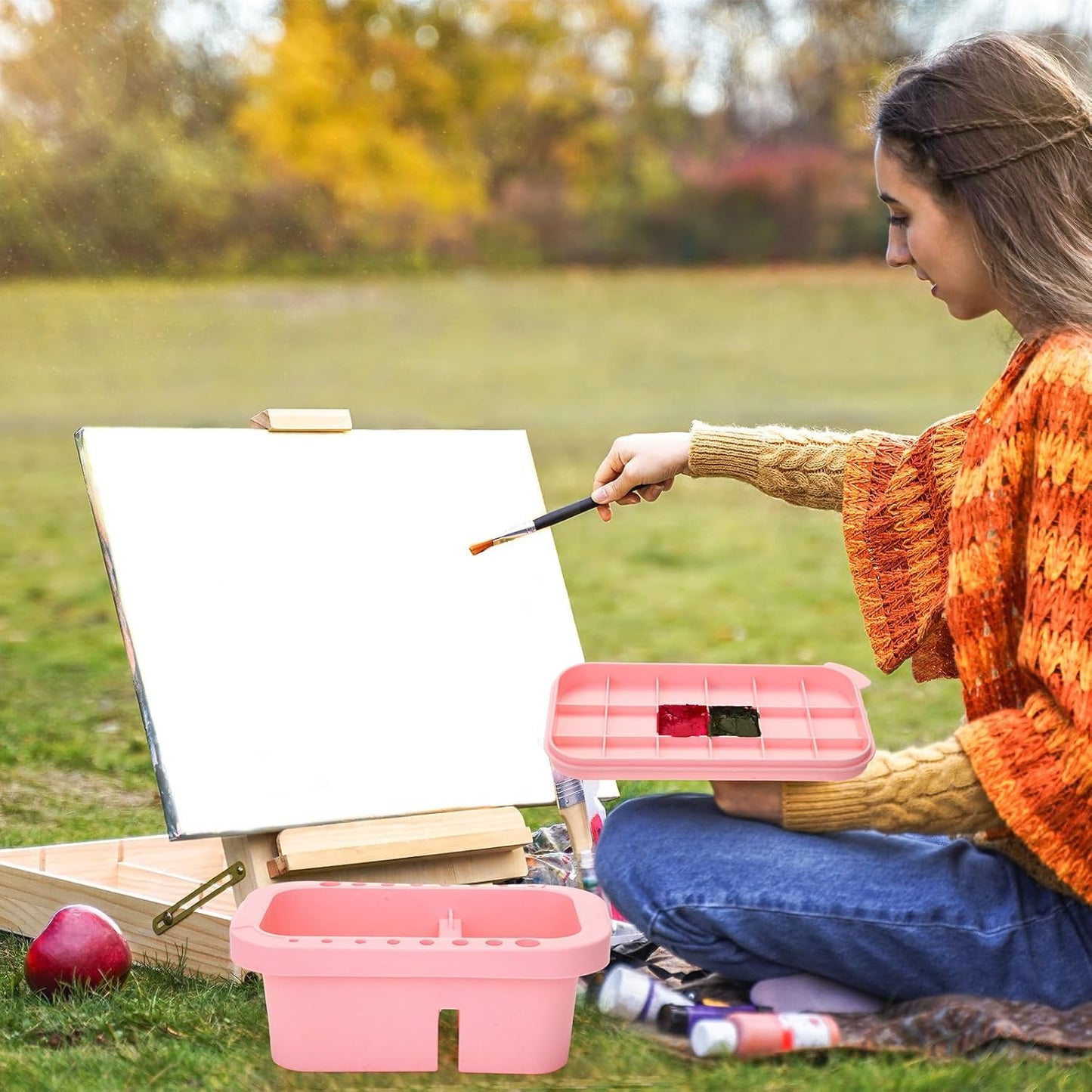 Teenyyou 4 Pcs Paint Brush Cleaner 3 in 1 Multifunction Paint Brush Basin Holder and Organizer with Brushes Holder Washer Trays Palette for Acrylic Watercolor Oil Painting