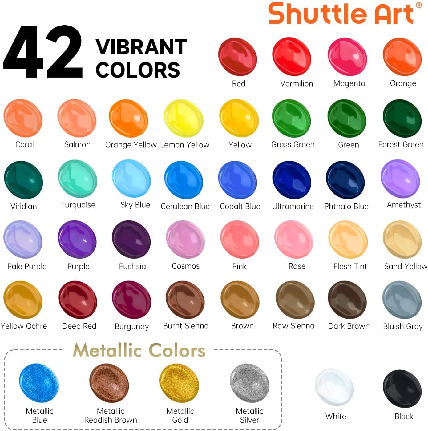 Shuttle Art Acrylic Paint, 42 Colors Acrylic Paint Set with 12 Brushes, 2oz/60ml Bottles, Rich Pigmented, Water Proof, Premium Paints for Artists, Beginners and Kids on Canvas Rocks Wood Ceramic