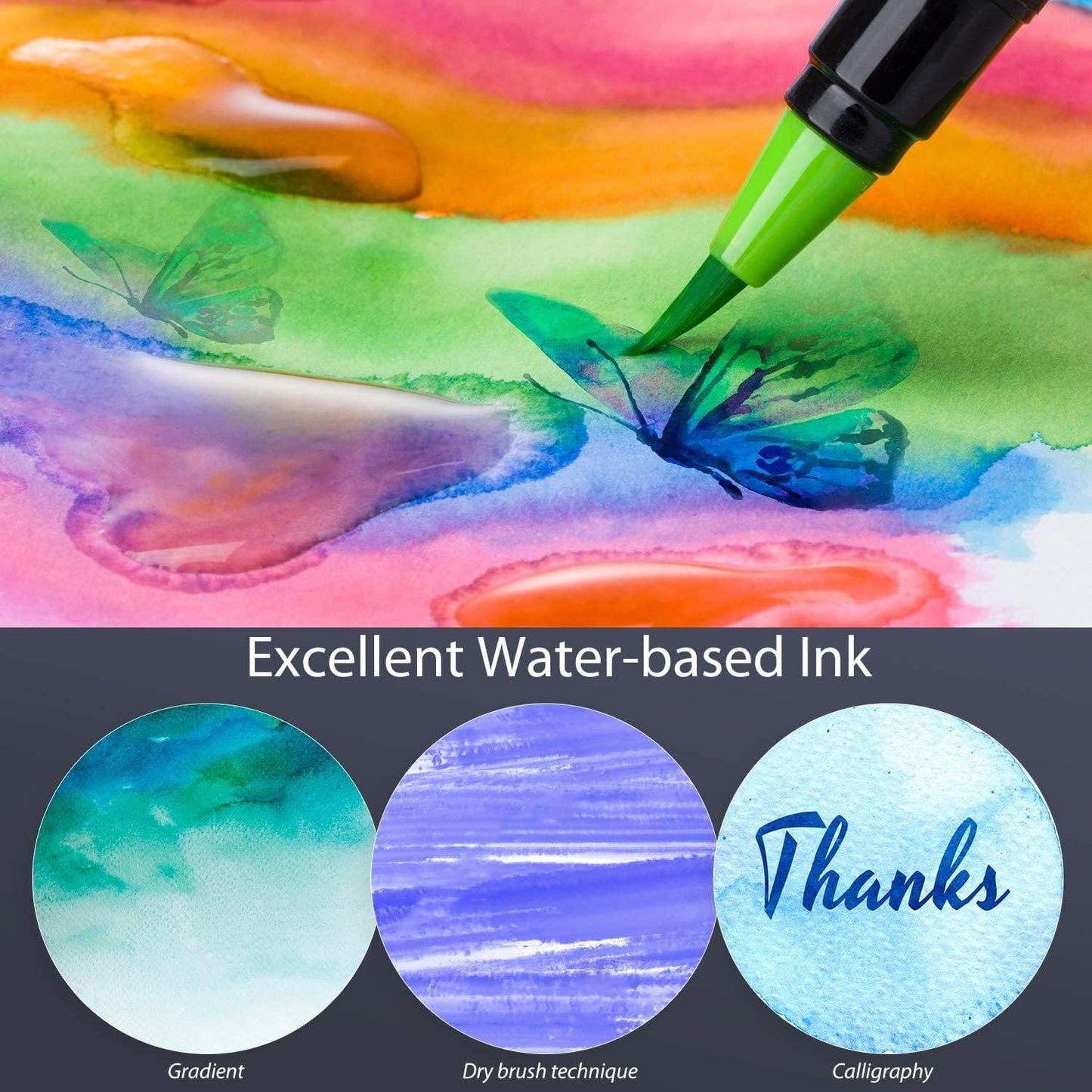 Professional Watercolor Brush Markers Pen 24 Colors of Ohuhu, Water Based Drawing Marker Brushes W/A Blending Aqua Pen, Water Soluble for Adult Coloring Books Comic Calligraphy