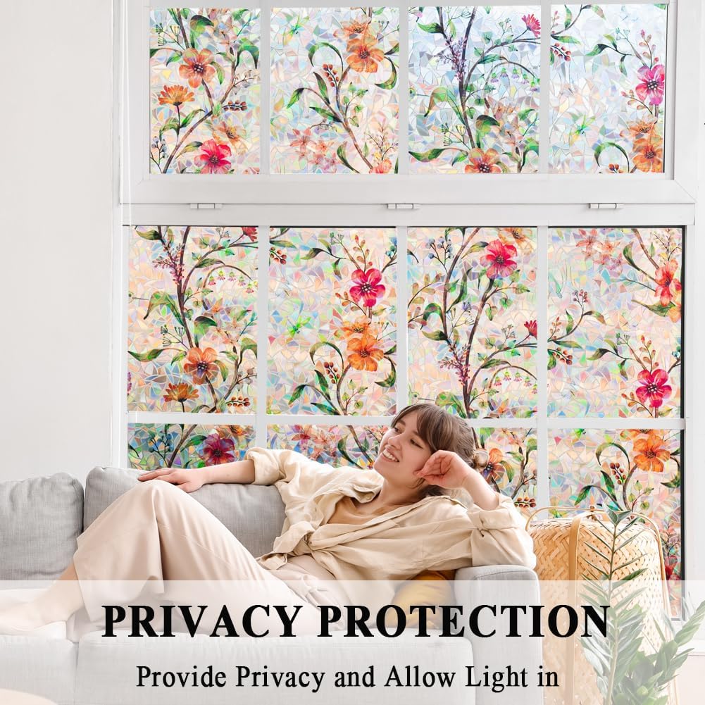 Stained Glass Window Film Static Cling Door Privacy Film Decorative Flowers Green Leaves Window Decals Stickers Heat Control Anti UV for Home and Office,35 inches by 78.7 inches