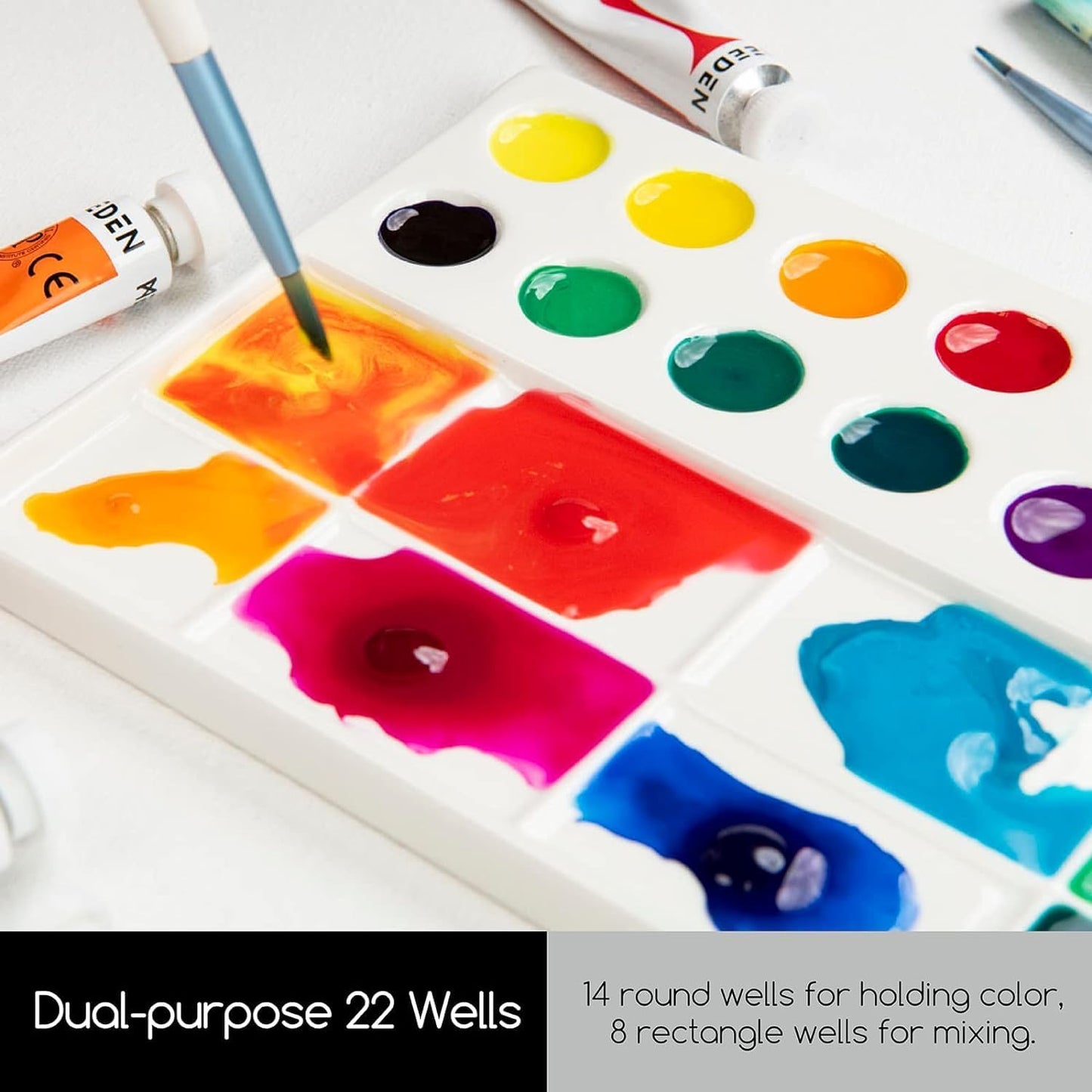 MEEDEN 22-Well Ceramic Watercolor Palette, Rectangle Porcelain Artist Paint Palette, 7.6'' × 5.5'' Ceramic Mixing Tray for Gouache, Watercolor, Acrylic Painting