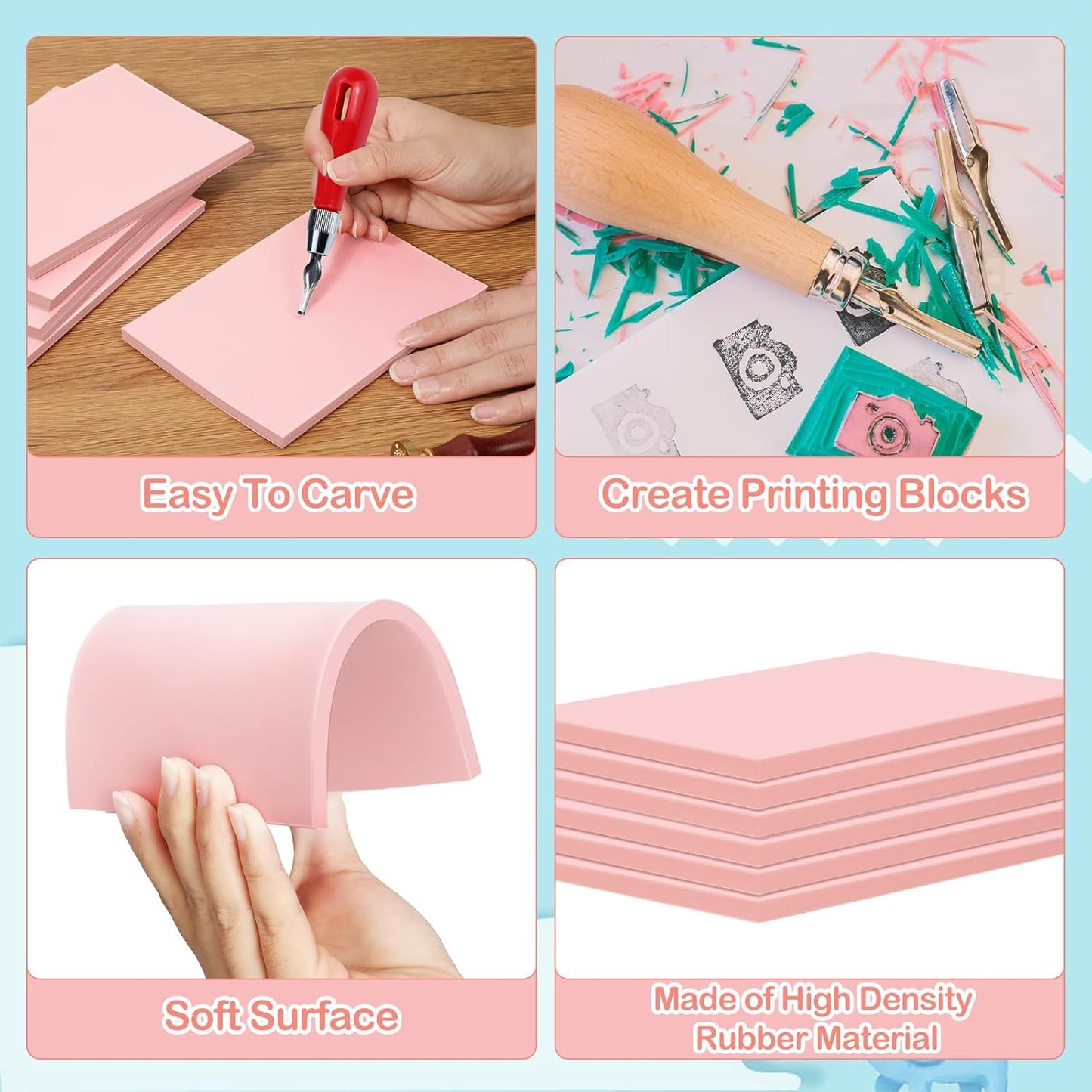 Frienda 50 Pack Rubber Carving Blocks 4 x 6 Inch, Rubber Stamp Carving Blocks for Printmaking, Printing, DIY Craft Project, Soft Block Stamp for Beginners and Professional(Pink)