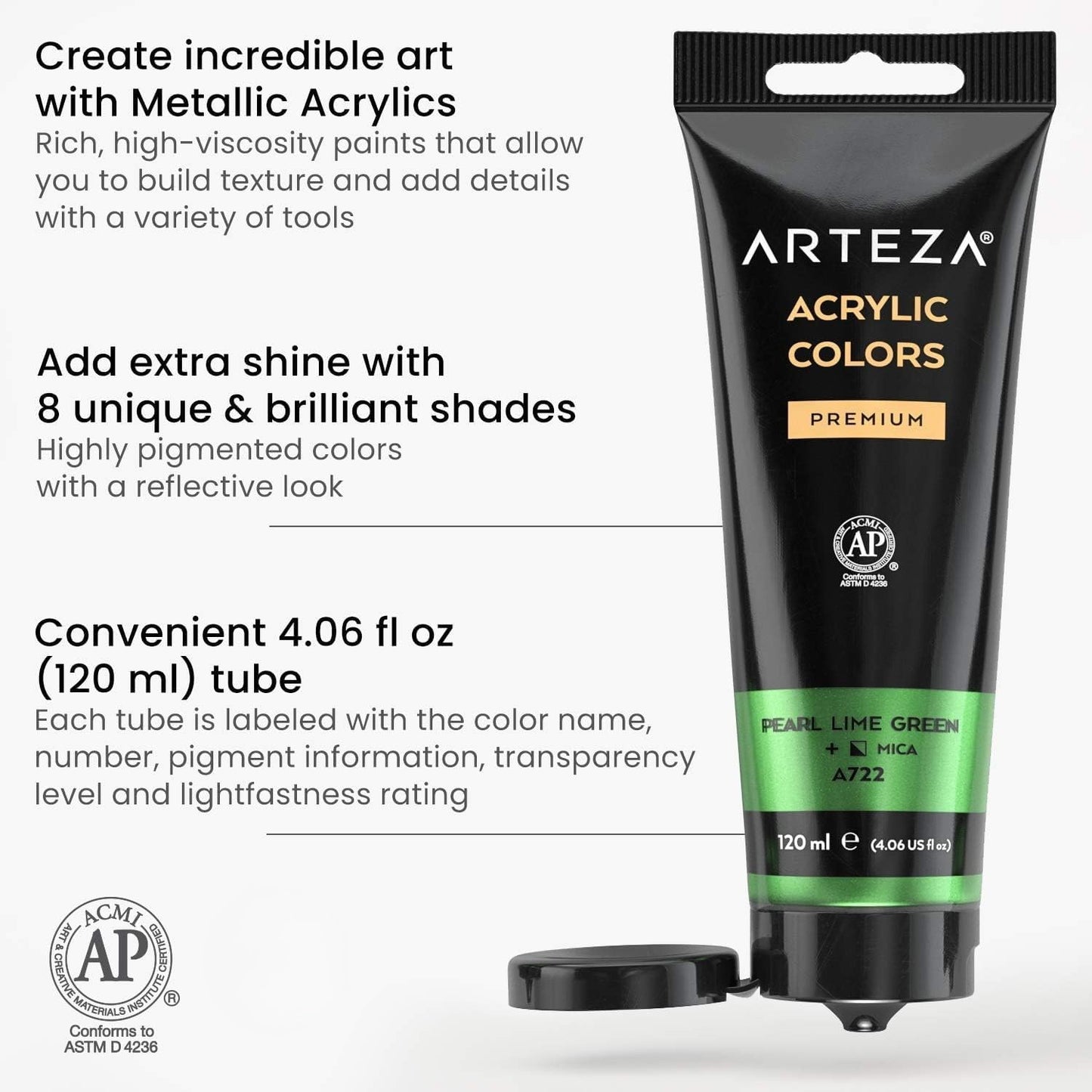 Arteza Metallic Acrylic Paint, Set of 8 Floral Brilliance Colors 4 oz Tubes, Rich Pigments, Non Fading, Non Toxic Paints for Artists & Hobby Painters