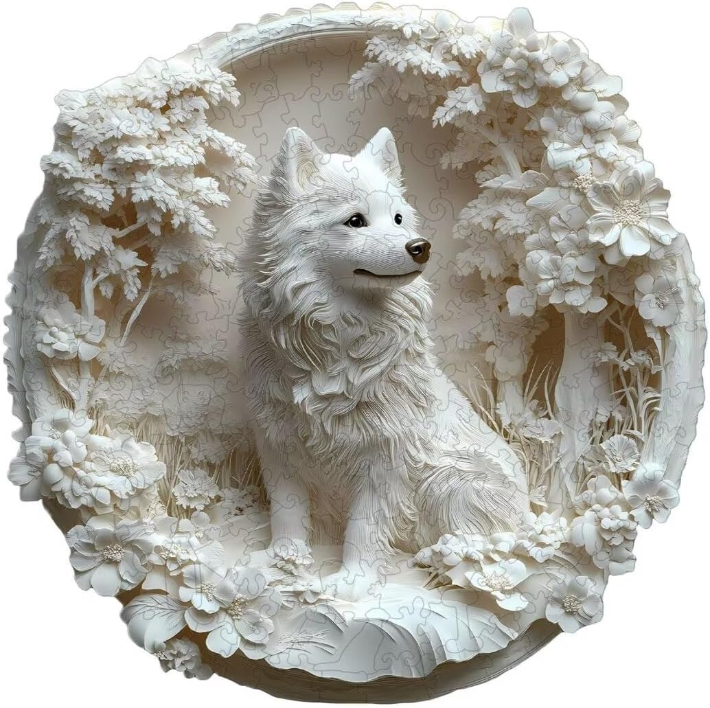 Wooden Puzzles Adults, 3D Paper Samoyed Dog Wooden Puzzles 100 Pieces, Unique Animal Shaped Wood Challenging Jigsaw Puzzles Gifts for Adults, 8.5x8.3in