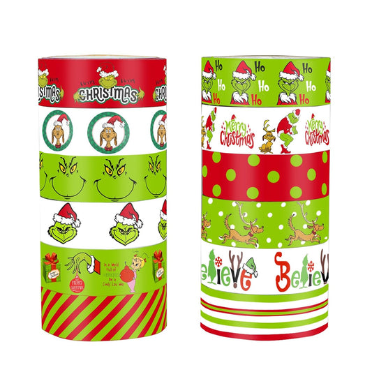 Christmas Washi Tape Set - 12 Rolls with Funny Cartoon Character Design in Green and Red for Festive Crafting and Gift Wrapping - 196.85ft Total Length