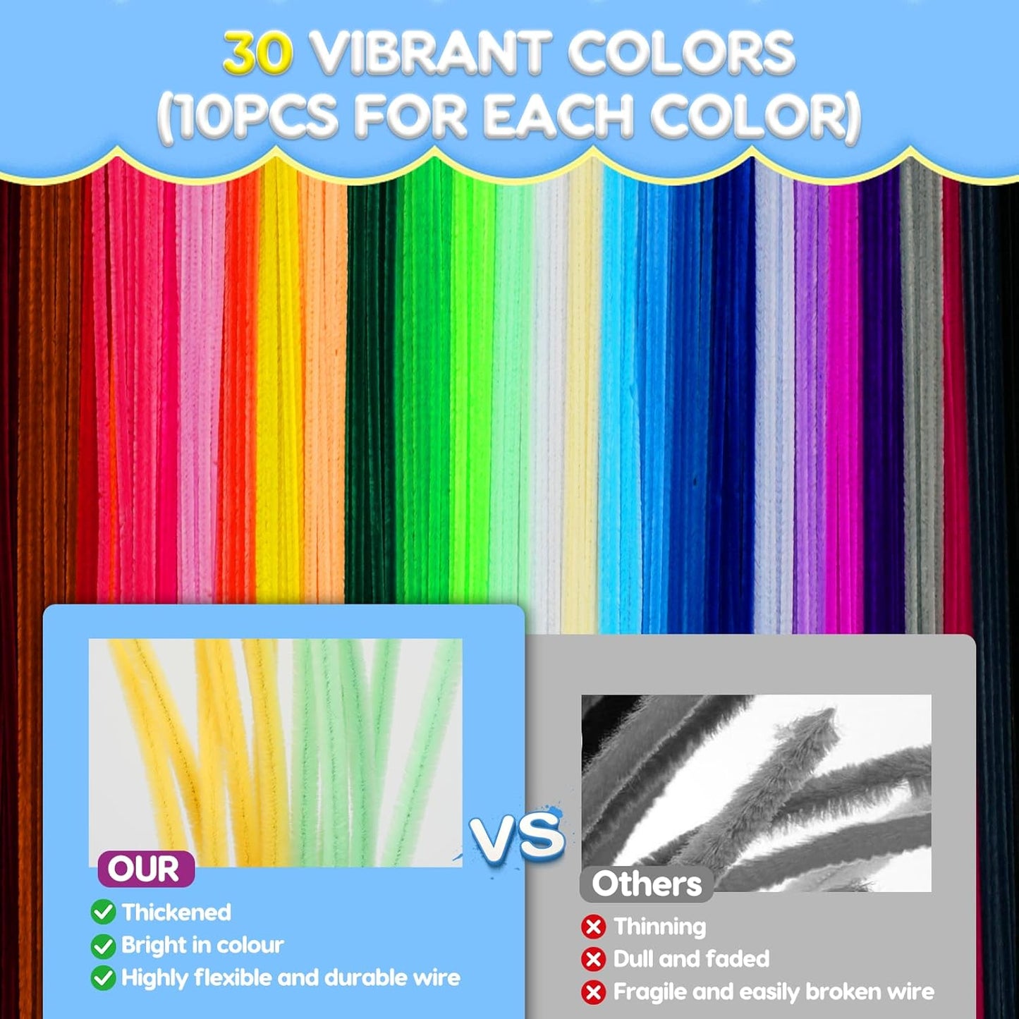 300PCS Pipe Cleaners Craft, Pipe Cleaners Bulk for Arts and Crafts Supplies Multi-Color Chenille Stems DIY Project Room Decor,Christmas Decorations Creative Toys Gift (12inch*6mm,30colors)