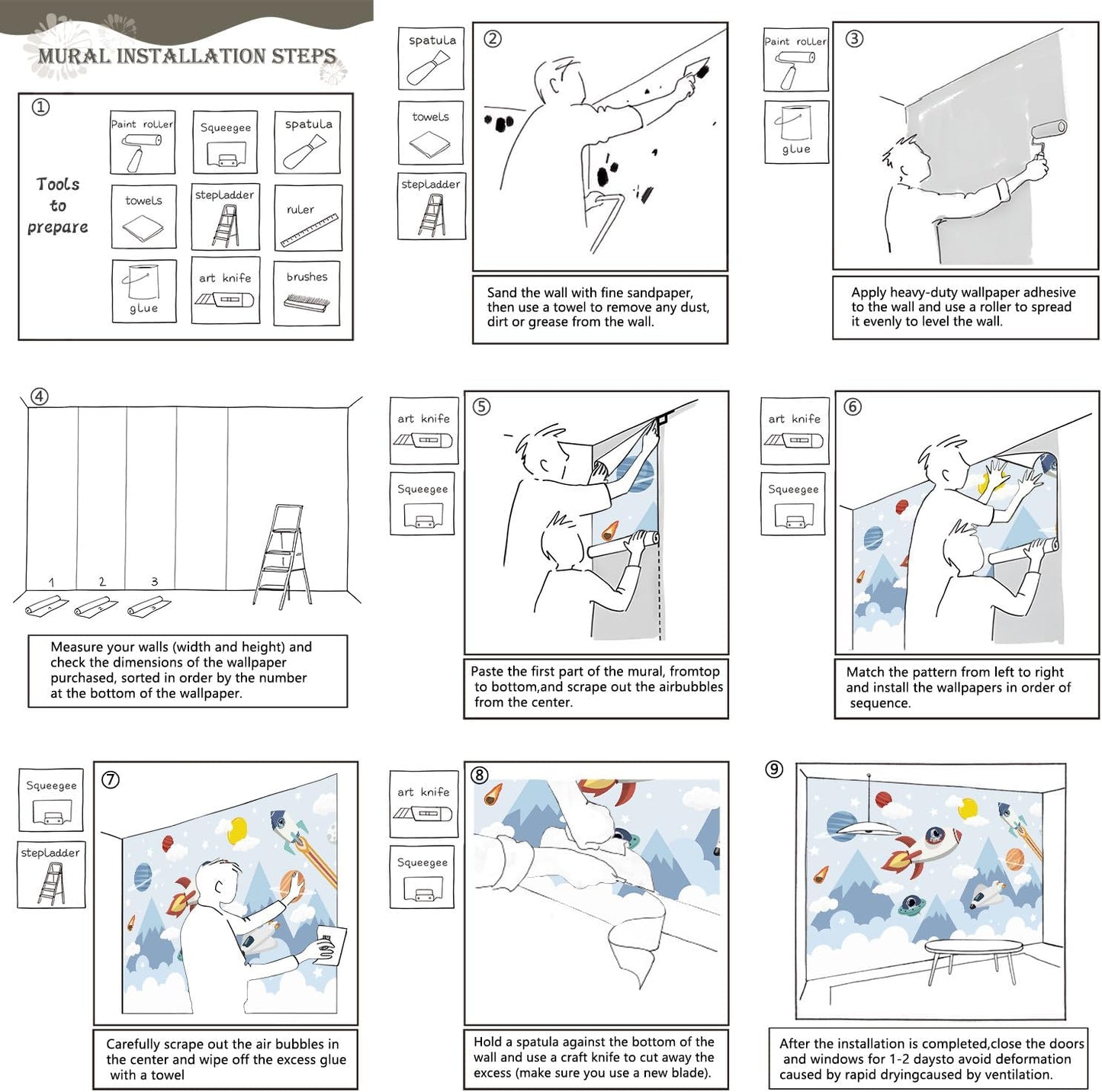 AFZEVEB-Space Mural Hand-Painted Cartoon Wallpaper for Kids Room 114"x74"(Not Peel and Stick)